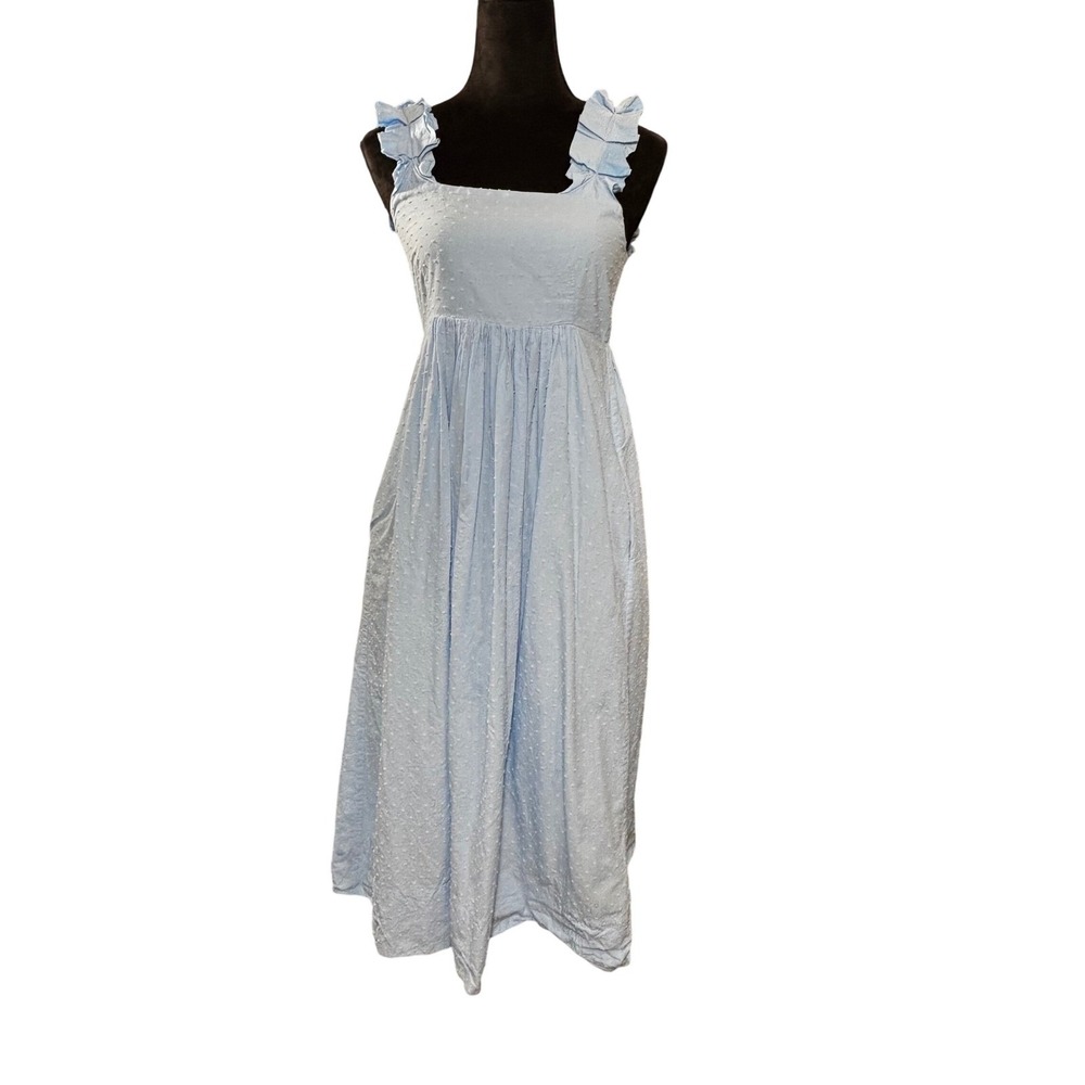 LAKE  Light Blue Swiss Dot Smocked Midi Dress Ruffle Strap‎ Square Neck - Picture 4 of 16